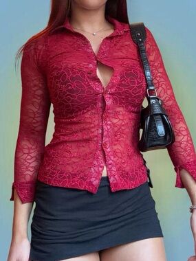 Lace Button-Front Sheer Top in Red
